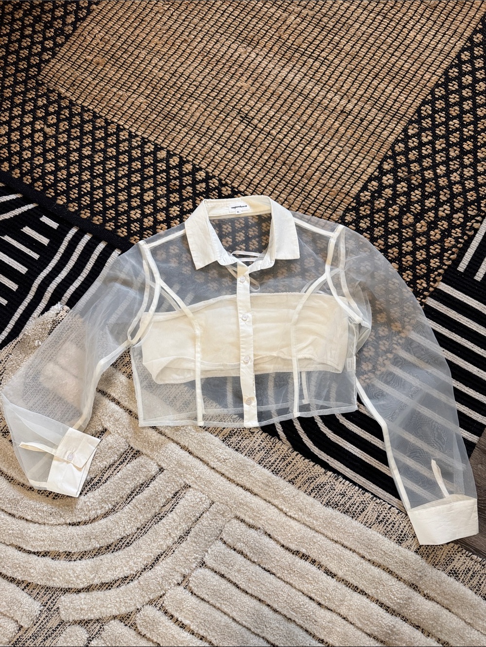 superdown Sheer Cream Cropped Button-Up with Bandeau